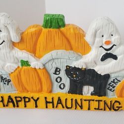 Vintage 90s Halloween Ghost Black Cat Sign Decor Happy Haunting Pumpkins 1990s 
