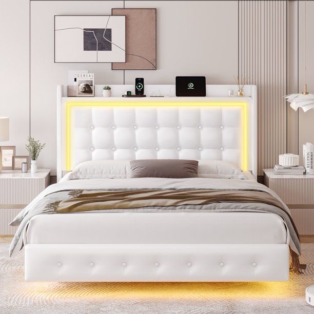 Queen Size Floating Bed with LED Lights Charging Station, Modern PU Upholstered Platform Bed with Storage Headboard, White