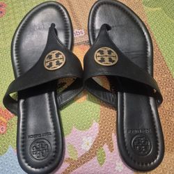 Tory Burch Gold Metal Black Sandals Women Size 7.5 