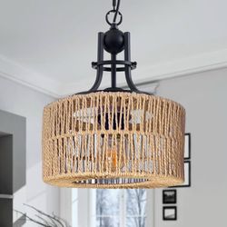 Rustic Farmhouse Industrial Round Ceiling Pendant Mini Chandelier Black with  Rattan Shade 9”
