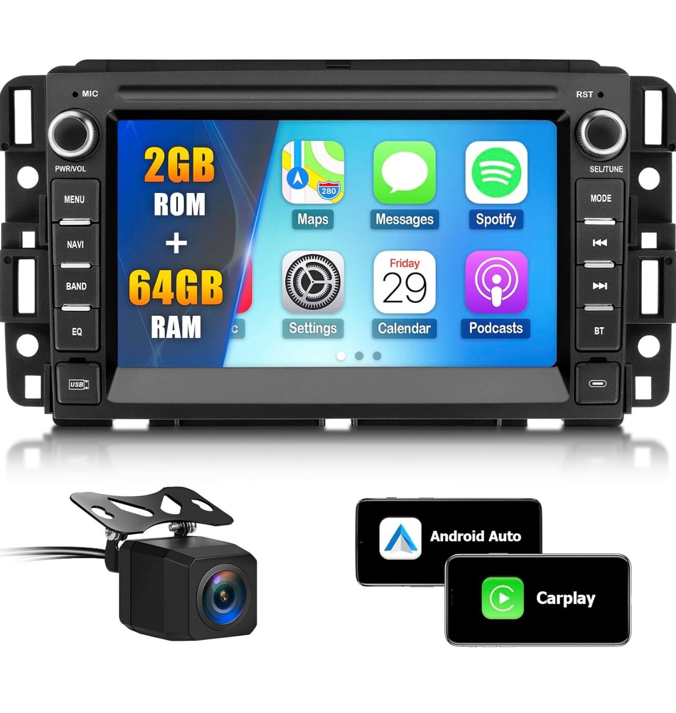 Car Radio Stereo for Chevy Silverado Tahoe GMC Sierra Yukon 2007-2013,Support Wireless CarPlay, Android Auto, GPS Navigation, Bluetooth, Backup Camera