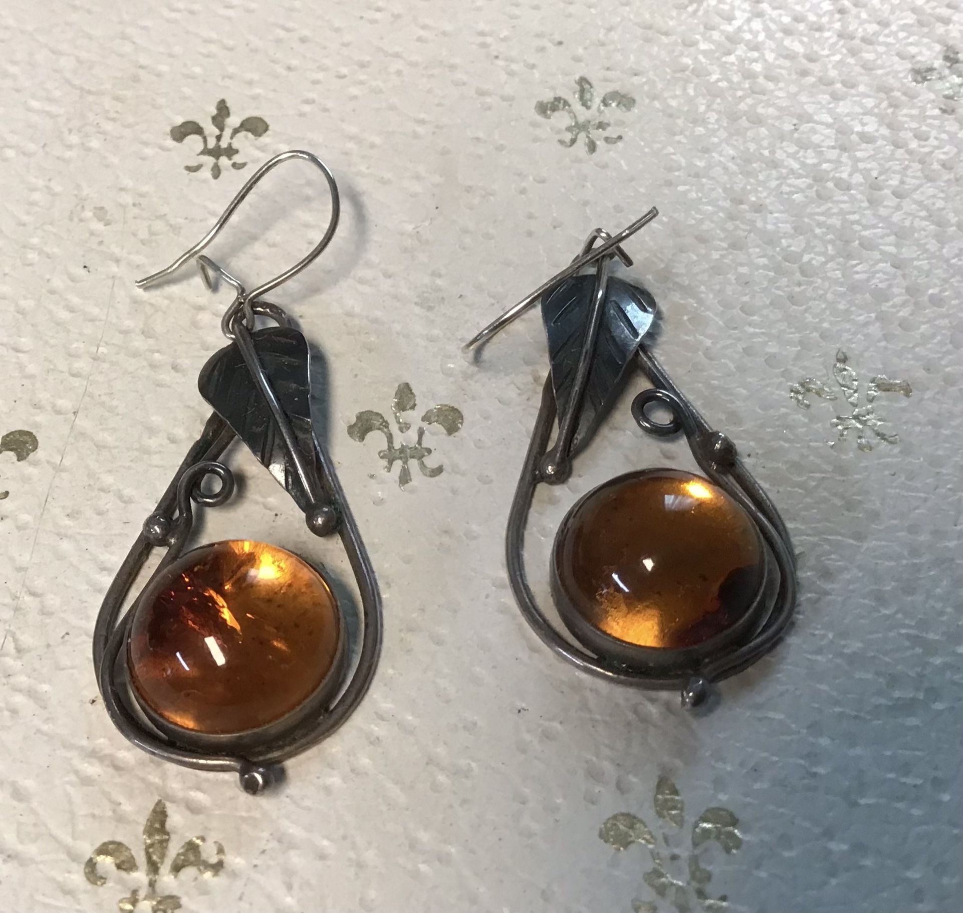 Sterling Amber Feather Earrings
