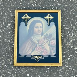 Vintage Deltex Religious Series 20 Saint Theresa 1933 Reverse Painted Gold Cross Wood Framed