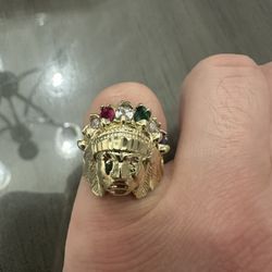 Solid 10k Yellow Gold Chief Indian Head Ring Colorful Stones Size 8.5 Beautiful 