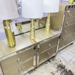 Abbyson Chateau Goldtone Wood Mirrored Set 2 Nightstands And Chest With Mirror 