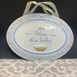 Porcelain Baby Plaque By Amscan “Bless This Baby” Hand Painted In Bright Colors 10.5 “ X  7.5 “