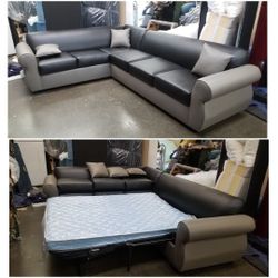 BRAND NEW 7x9ft SECTIONAL SOFAS with sleeper  black leather combo,  CUSTOM MADE AVAILABLE