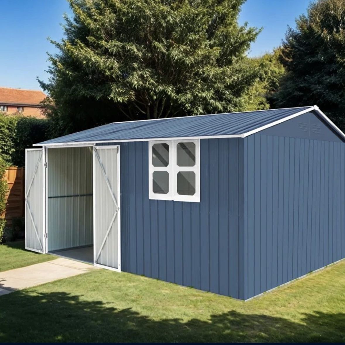 12 ft. x 10 ft. Outdoor Metal (Blue / White / Blk) Garden Shed w/ Window /Lockable Doors / Apex Roof [NEW IN BOX] **Retails for $852 <Assembly Req'd>