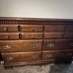 Six Drawer Wood Dresser with Custom Glass Top and Matching Mirror