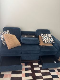 Bobs Furniture Blue Fabric Sofa with Storage Drawers and Console