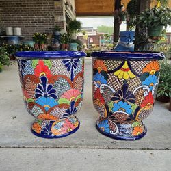 Talavera Blue Rim Urns. Clay Pots. Planters. Plants, Pottery. $65 cada una