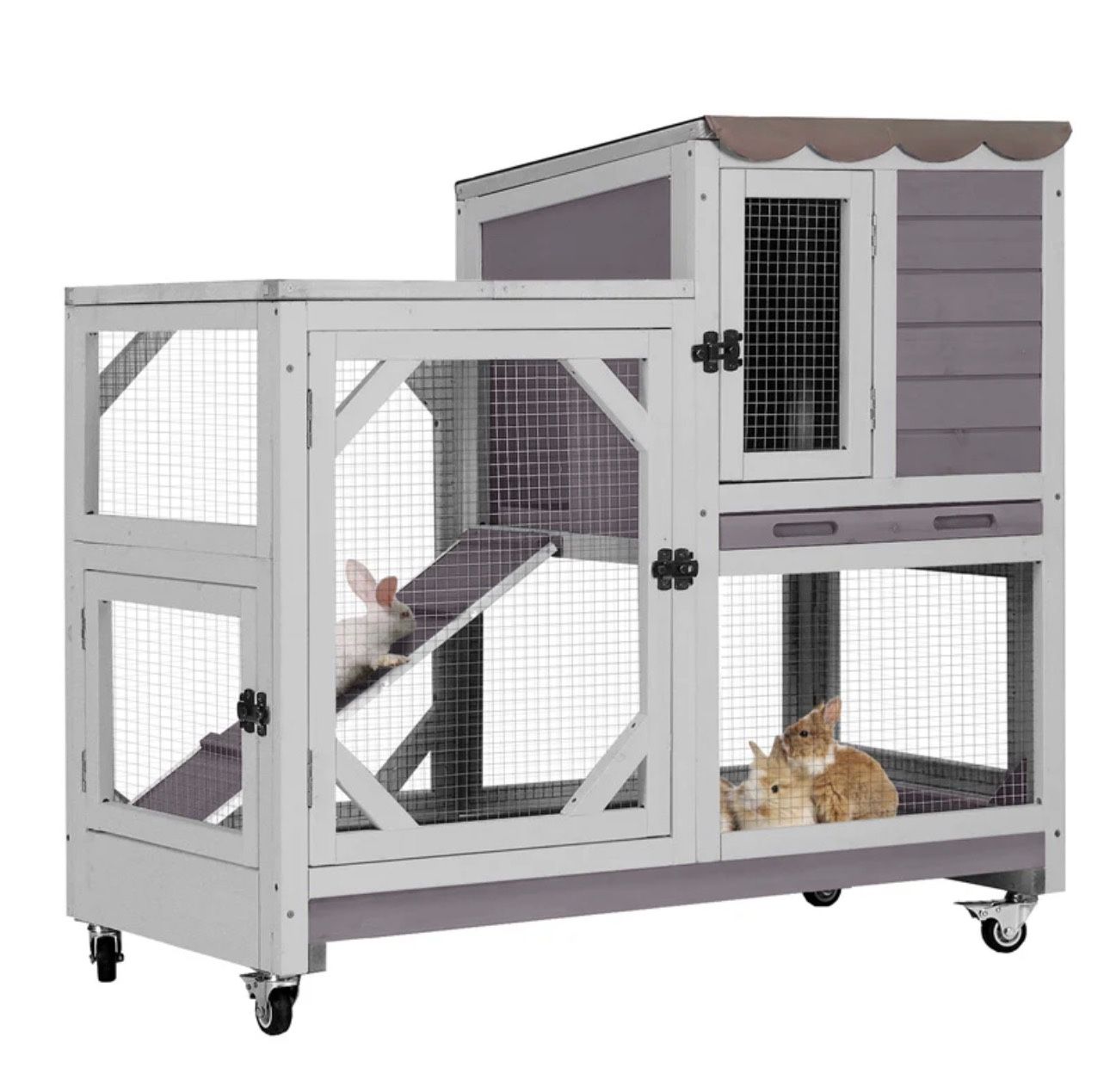 Aivituvin-AIR7013 Premium 2-Story Wooden Rabbit Hutch with Casters | Pull-Out Tray - Gray