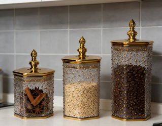 Cross-border Hexagonal Airtight Jar with Crystal Texture + Gilded Lid Knob, Featuring a Silicone Sealing Ring. Set of Three in Color Box Packaging. Su