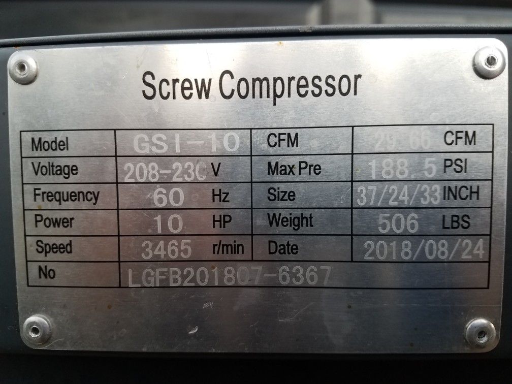 Screw Compressor GSI-10HP, 3 Phase 208/230V, 29 Cfm, with 40Cfm Dryer Combo