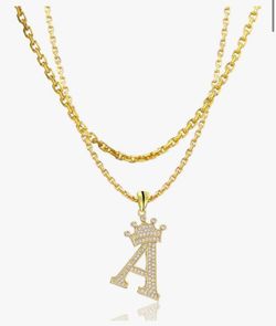18K Gold Plated Pave Cubic Zirconia Bubble Crown Letter Initial Necklaces for Women | Chunky Initial Charm Pendant Name Necklace Personalized | Non Ta