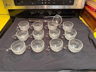 Vintage MCM 1956 colony starlight clear, ribbed glass punch cups and ladle set 13 pieces