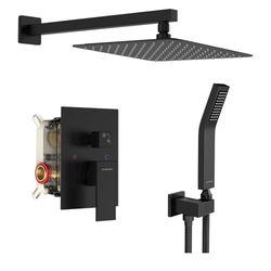 SR SUN RISE Black Square Rainfall Shower Head and Handle Set, Wall Mounted 10 In