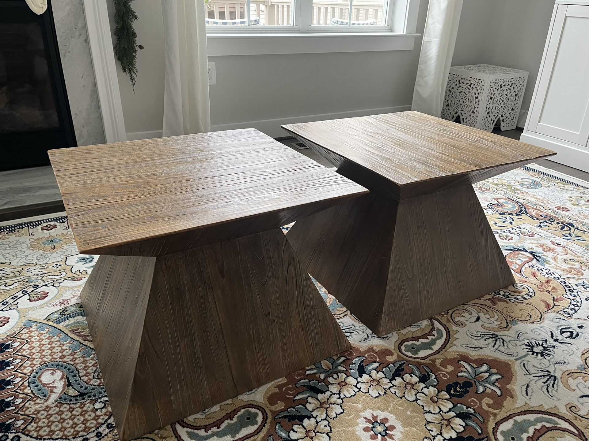 Triangle hourglass shaped wooden coffee tables 2 ft length, 18 inches height