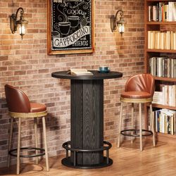 Tribesigns 39.4” H Round Wood Bistro Pub Table for Dining and Cocktails, with Metal Ring Footrest, Ideal for Small Spaces, Black