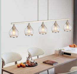 5-Light Brushed Nickel Kitchen Island Linear Hanging Pendant Chandeliers, Brushed Nickel Dining Room Light Fixture with Clear Round Glass Shades