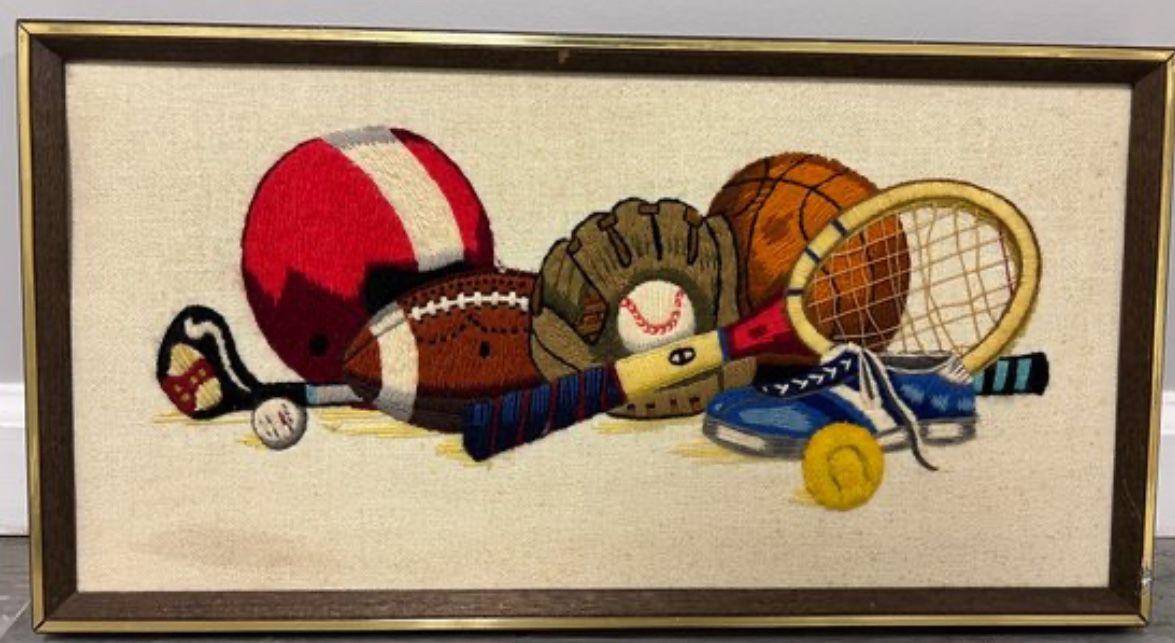 VINTAGE SPORTS THEMED KIDS FRAMED EMBROIDERY NEEDLEPOINT MADE IN 1975