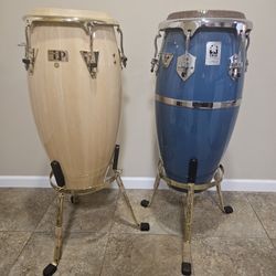 Professional Conga Drum Bundle – TOCA Custom Deluxe + Latin Percussion w/ (2) Adjustable Gold Stands and Tuning Wench Key