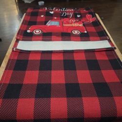 New Valentines Table Runner Red Truck Plaid Black And Red Long