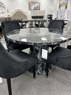 Contemporary design rich black round marble look dining table/dining set