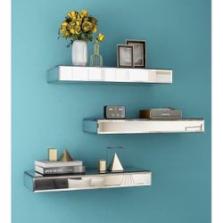 SHYFOY Mirrored Floating Shelves for Wall, Set of 3 Glass Wall Mounted Shelves for Bathroom Decor, Hanging Book Shelf for Bedroom, Living Room, Kitche