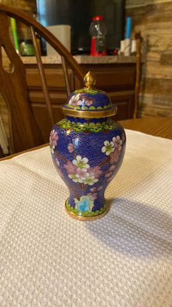 Vintage Zi Jin Cheng Chinese Cloisonné Ginger Jar Urn - Blue Floral Plum Blossom