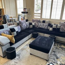 Living Room Sectional Gray And Black With Stools