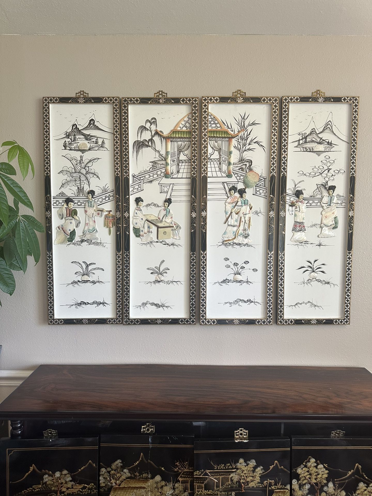 4 Vintage Oriental Mother of Pearl Lacquer Asian Wall Art Panels 12" x 36" Each