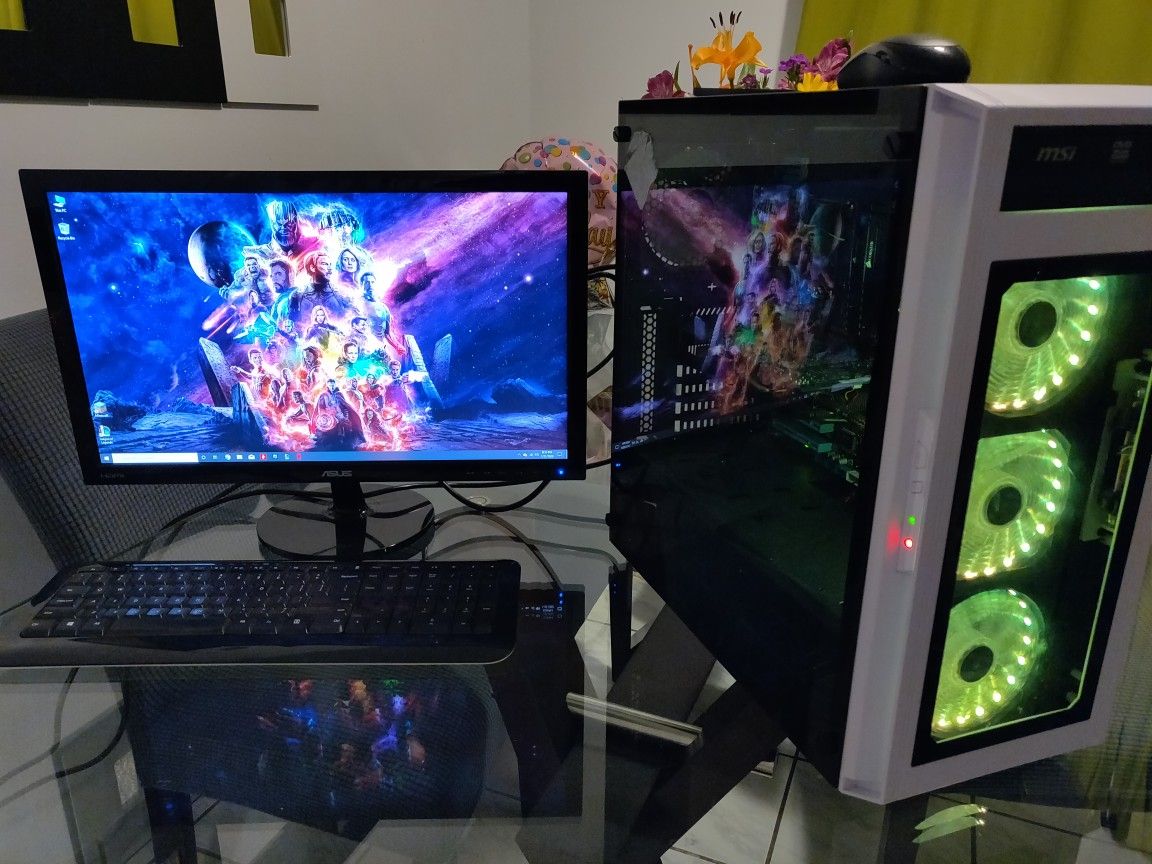 Full gaming Computer, Asus 24inch Monitor, Mouse, Keyboard, SSD and HDD, LED fans Multi color, Gigabyte Graphics card