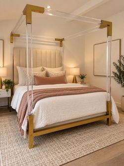 Acrylic and Gold Four-Poster Queen Canopy Bed Frame