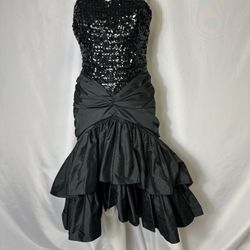 Vtg 80s Black Sequin Taffeta Burlesque Lounge Singer Formal Dress Size Small