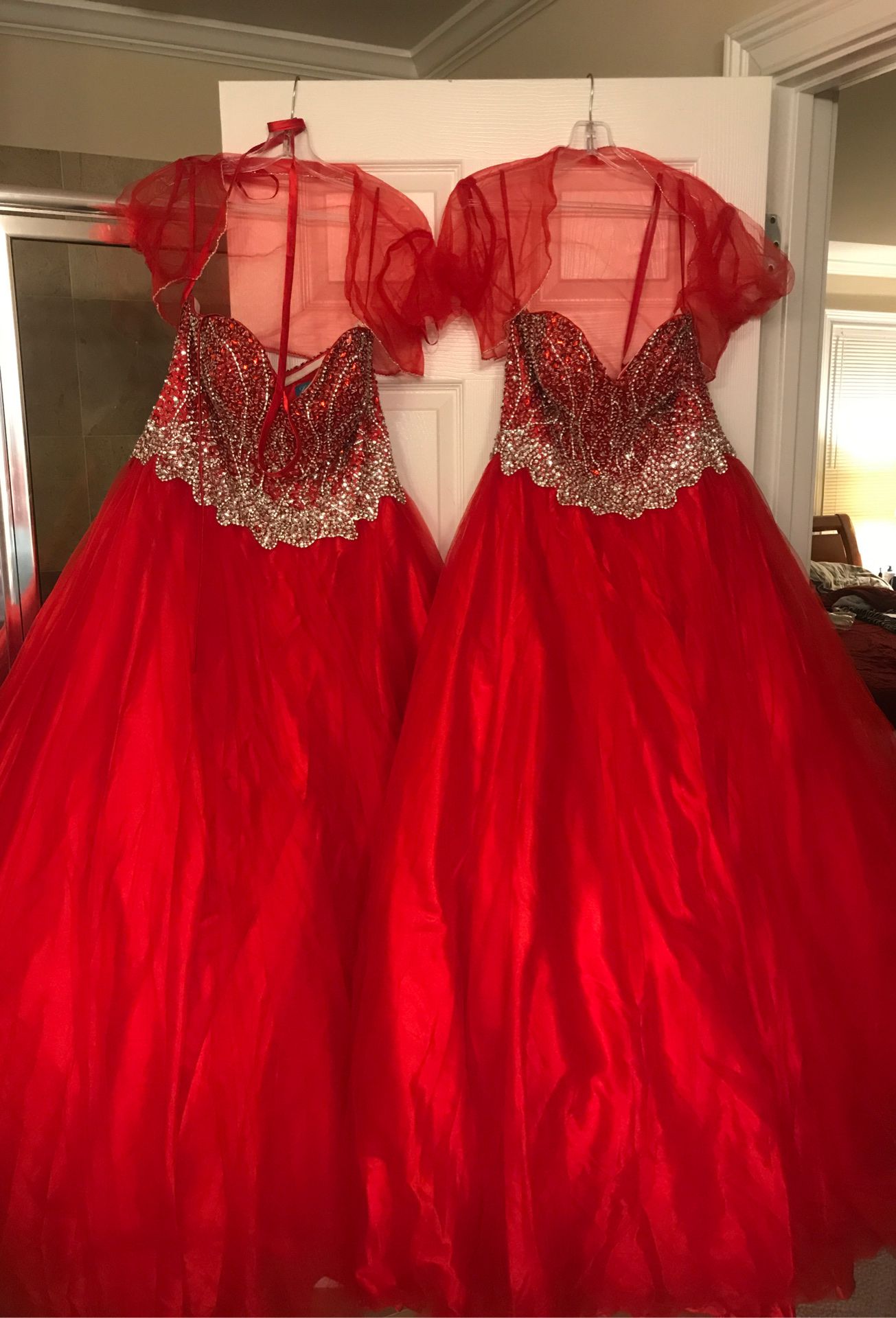 Prom Dress: Red Sweetheart Dress Beaded Bodice Ball Gown Prom Formal Corset Back Size 12 and Size 14 available
