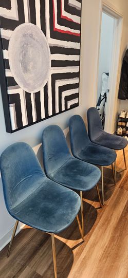 Set of 4 Blue Velvet Dining Chairs with Gold Legs