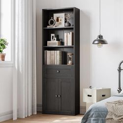 Book Shelf & Bookcase with Doors and Drawer, 6-Tier Tall Bookshelf, Floor Standing Display Storage Shelves for Home Office, Living Room, Bl