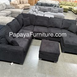 New! REVERSIBLE Large Sectional Sofa And Ottoman, Reversible Chaise Couch, Sectional, U-shaped Sofa, Sectionals Sofas, Couch,Black Sectional,Chenille 