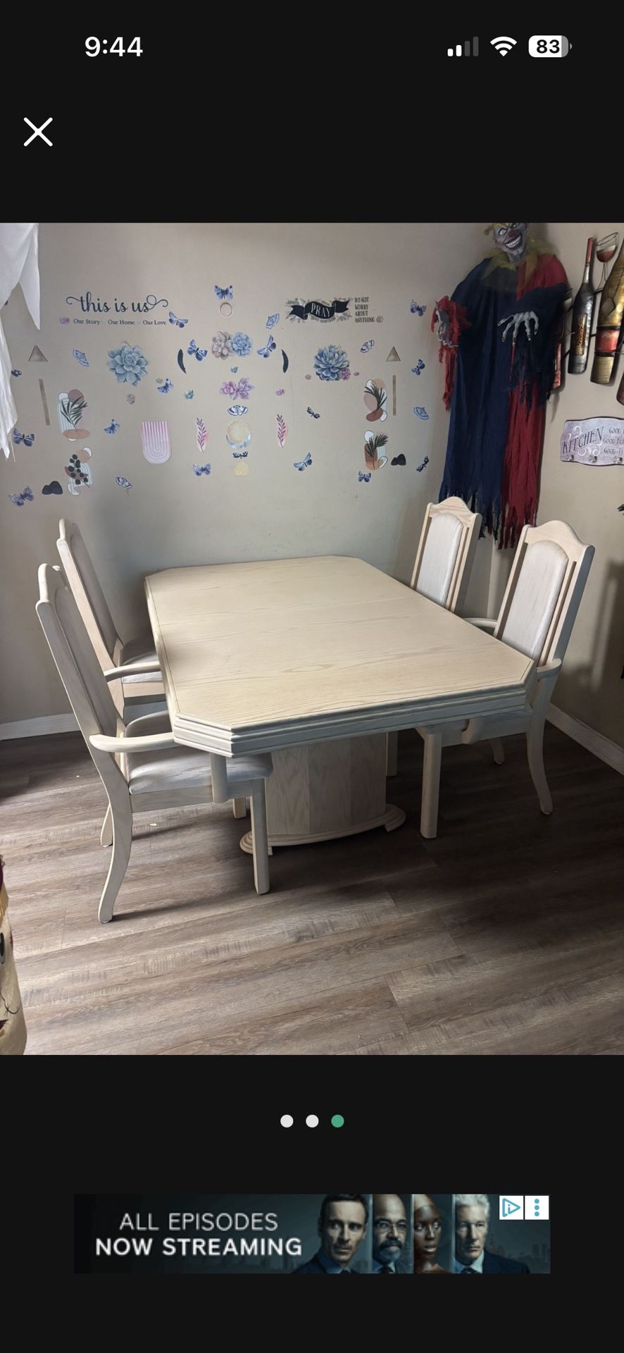 Wooden Table With Four Chairs Has A Leaf To Open It Make It Bigger