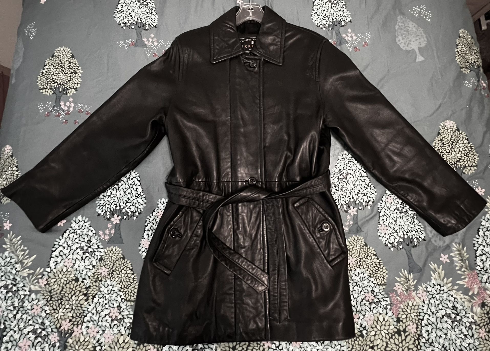 Leather Jacket Coat Black Smooth Lined Mid Length Zipper Buttons Pockets Clean Y2K Express Women’s