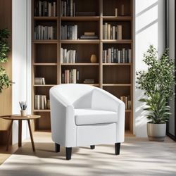 New White Leather Chair, Faux Leather Accent Chair, Modern Barrel Chair Comfy Club Chair with Soft Padded and Solid Legs for Living Room Bedroom Recep