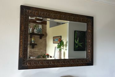 French ornate metal embossed framed wall mirror