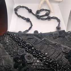 Mary Frances Silk Flowers Evening Black  Rhinestone Shoulder Bag