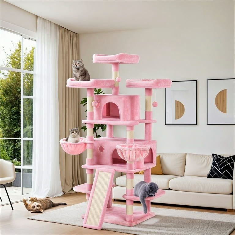 68" X Large Cat Tree and Tower for Cats with Condo House, Sisal Scratching Board & Posts, Pink