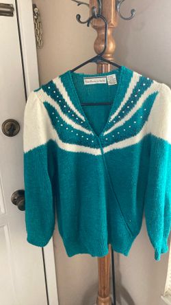 Elegant Teal Blue Sweater W/ Pearl Accents