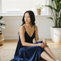 Love In Soft & Elegant Navy Velvet Slip Dress w/ Handkerchief Hem [New w/o Tags]