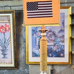 Tall Table Lamp With A Unique Burlap-Style  Shade Featuring An American Flag Design 38.5” Tall