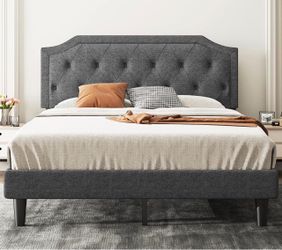 Allewie Upholstered Queen Size Platform Bed Frame with Adjustable and Curved Corner Design Headboard, Easy Assembly, No Box Spring Required, Dark Grey