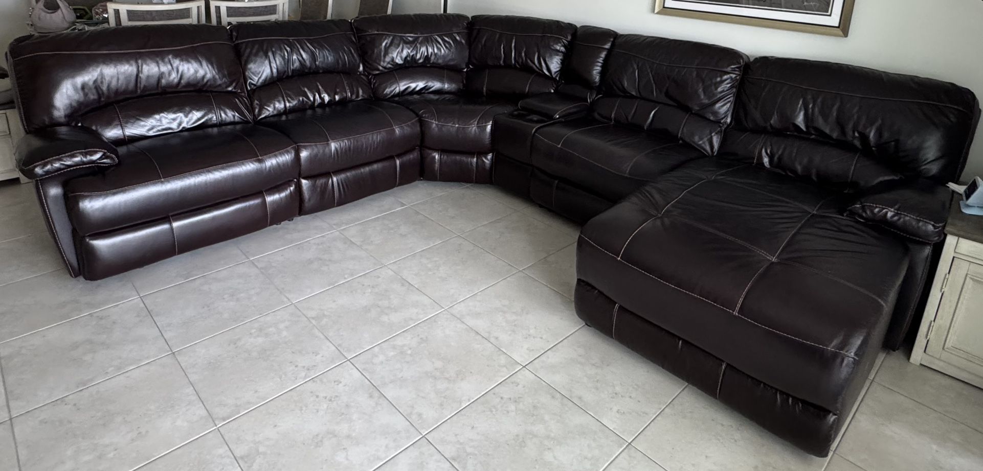 Brown Leather Sectional Sofa with Recliners – Good Condition